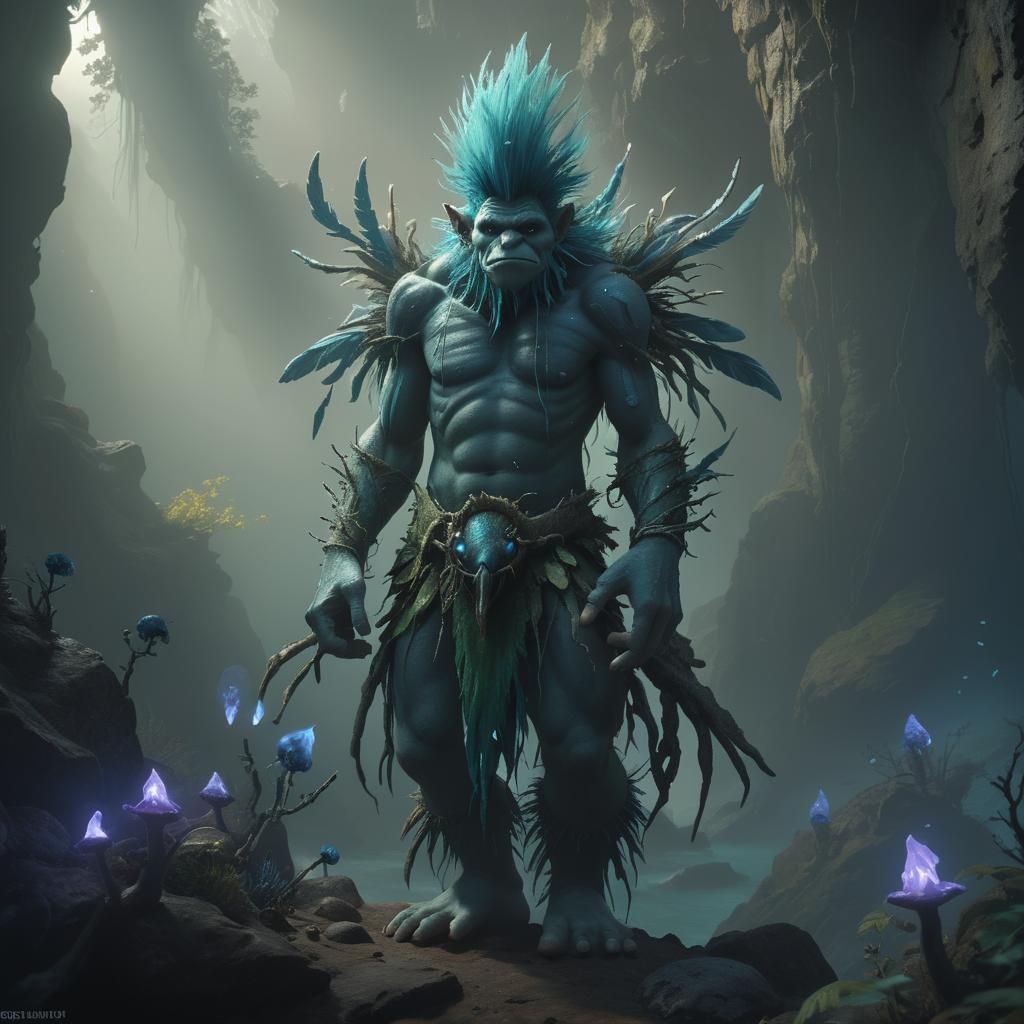 Blue-Green Troll on Shrouded Cliffside, 3D Render