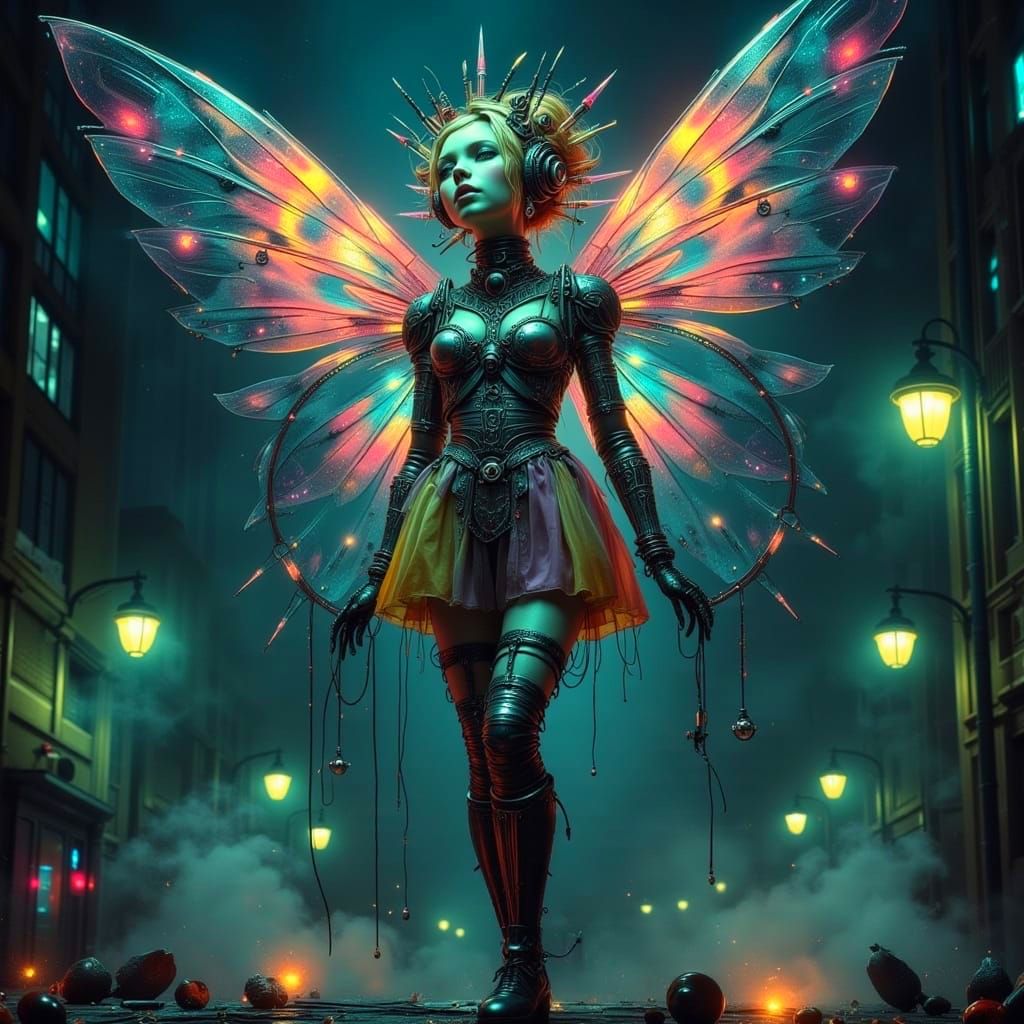 Cyborg Fairy Dances Under Neon Glow