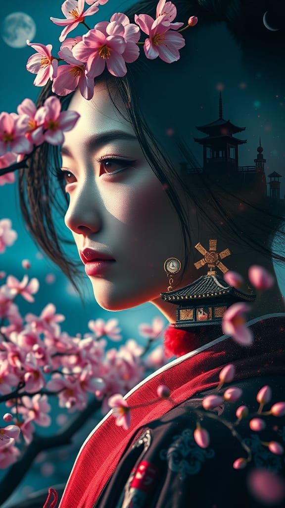 Japanese Woman Double Exposure with Cherry Blossoms