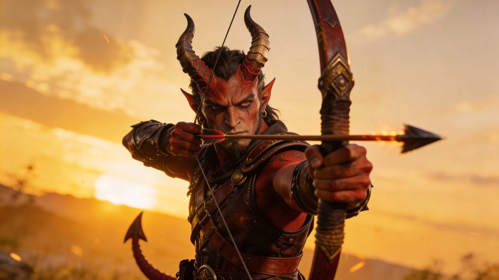 Tiefling Hunter Aims Bow at Sunset in Hyperrealistic Fantasy...