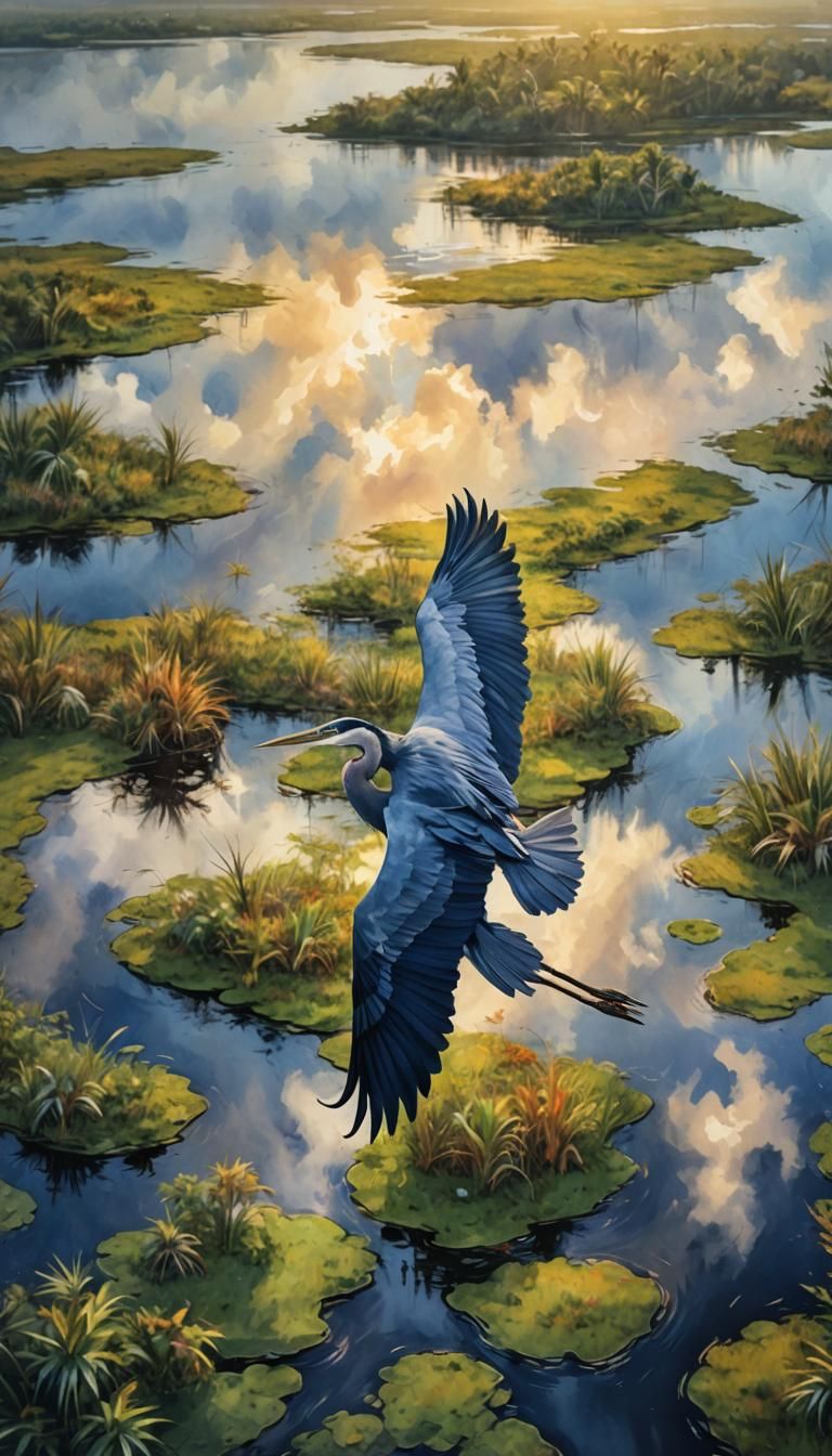 Heron Soaring Above Everglades in Watercolor