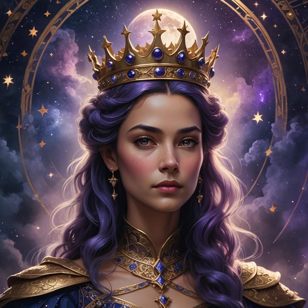 Elven Queen Portrait with Stars in Art Nouveau Style