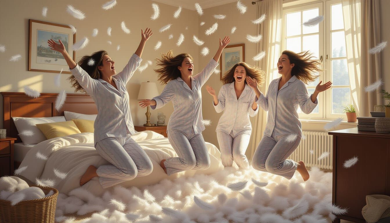 Feather-Filled Pillow Fight Frenzy in Sunlit Bedroom
