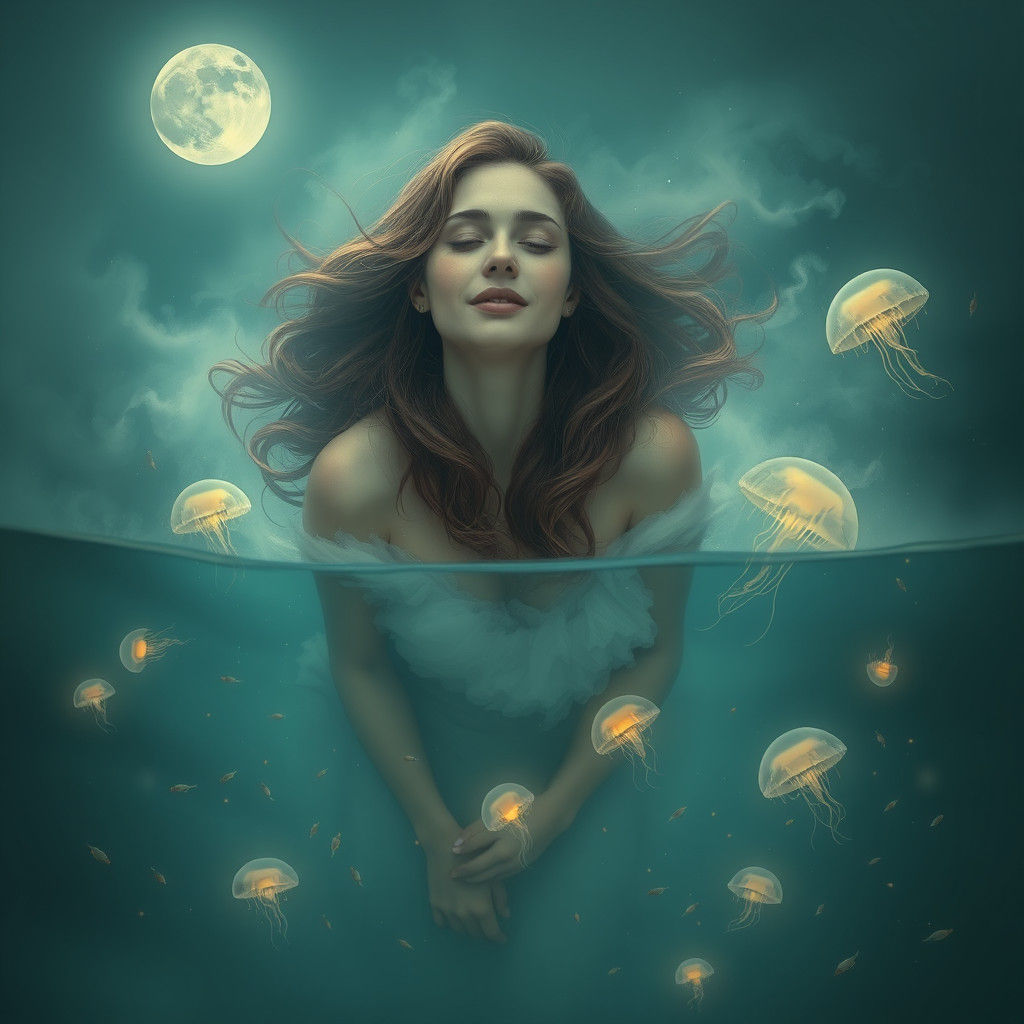 Woman in Tranquil Sea, Dreamy Surrealism