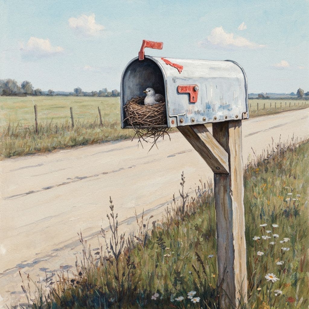 Impressionist Mailbox with Bird Nest on Country Road