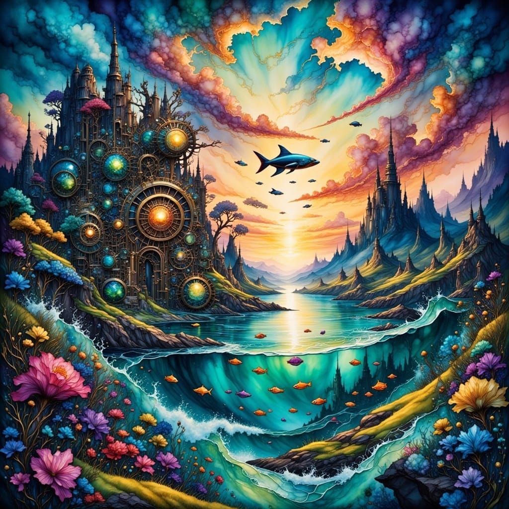 Surreal Steampunk Gears in Watercolor Ocean