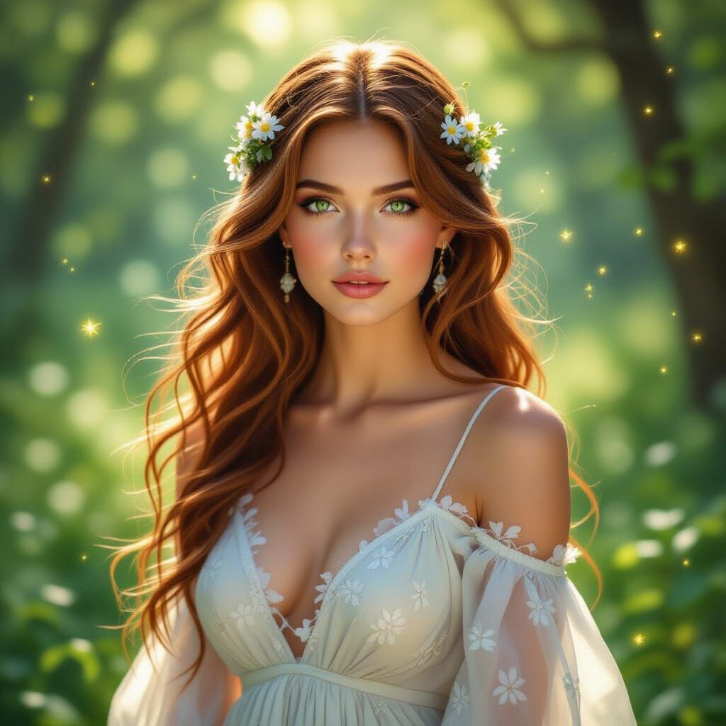 Emerald-Eyed Woman in Sunlit Glade, Hyperrealistic Painting
