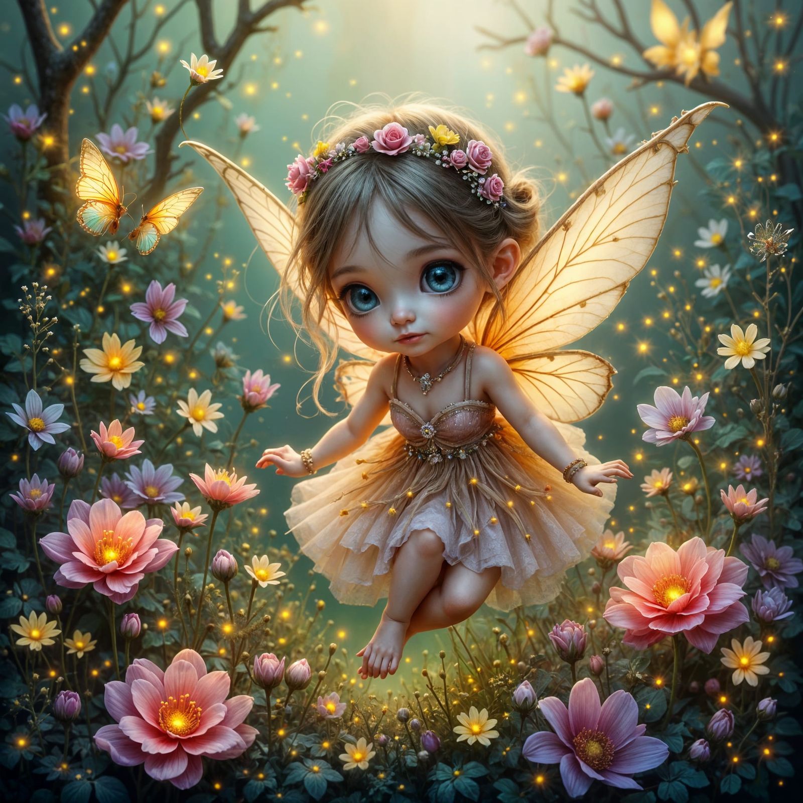 Tiny Fairy Among Flowers in Oil Painting Style