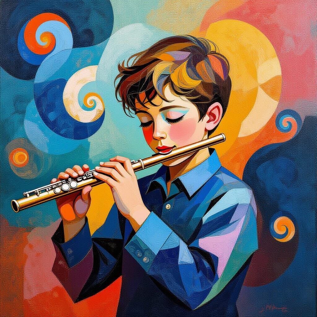 Young Boy Plays Flute Amidst Vibrant Abstract Swirls