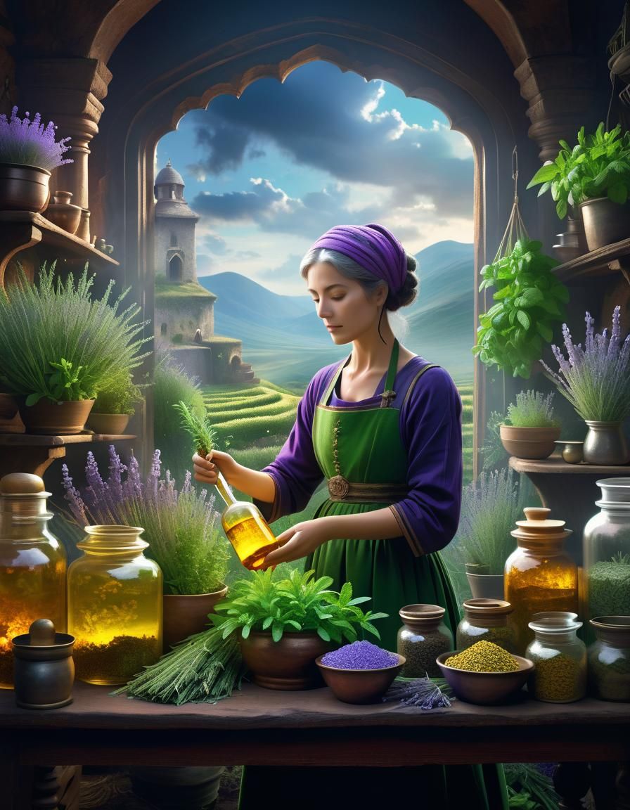 A healer making herbal medicine