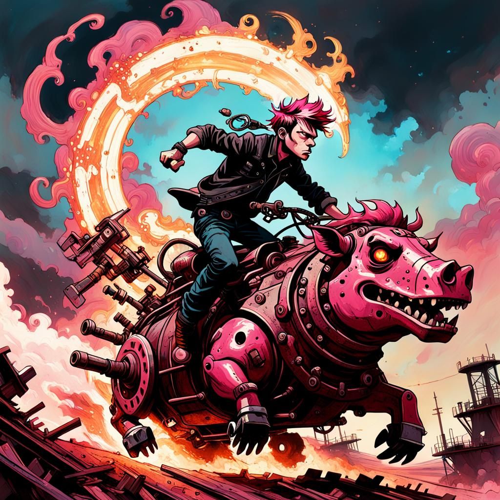 Boy Rides Mechanical Boar in Jamie Hewlett Style