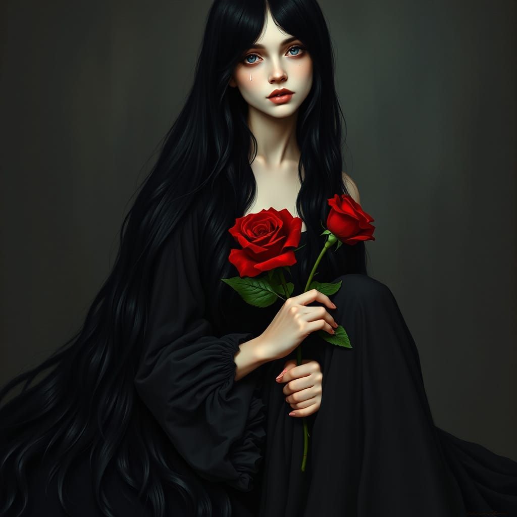 Melancholic Woman with Rose, in Art Nouveau Style