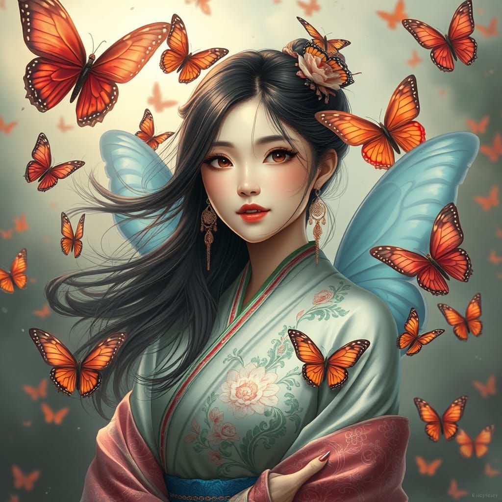 Surreal Asian Beauty Surrounded by Whimsical Butterflies in ...