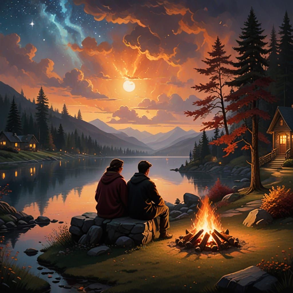 Couple by Bonfire Under Starry Sky - Autumn Evening