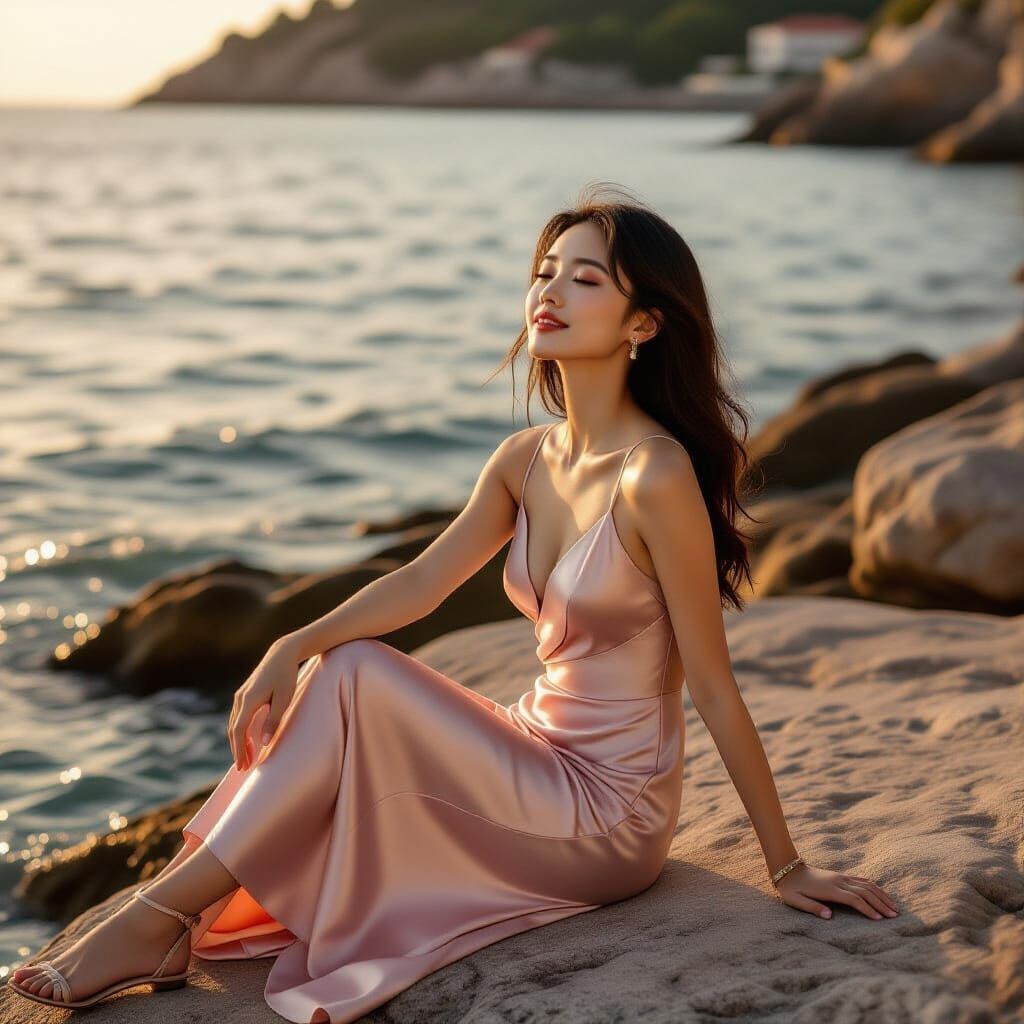 Fashion Portrait of East Asian Woman at Golden Hour Seaside