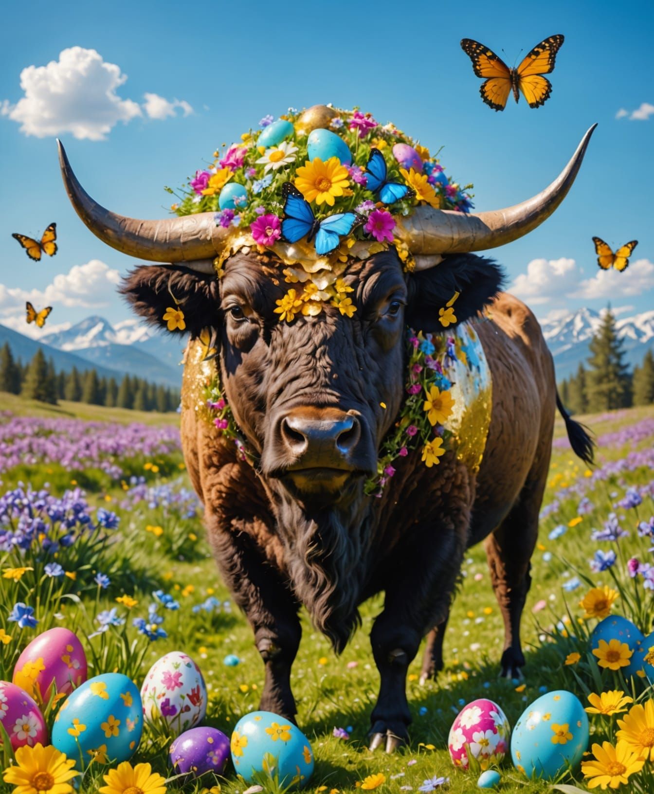 Vibrant Easter Buffalo in Springtime Meadow