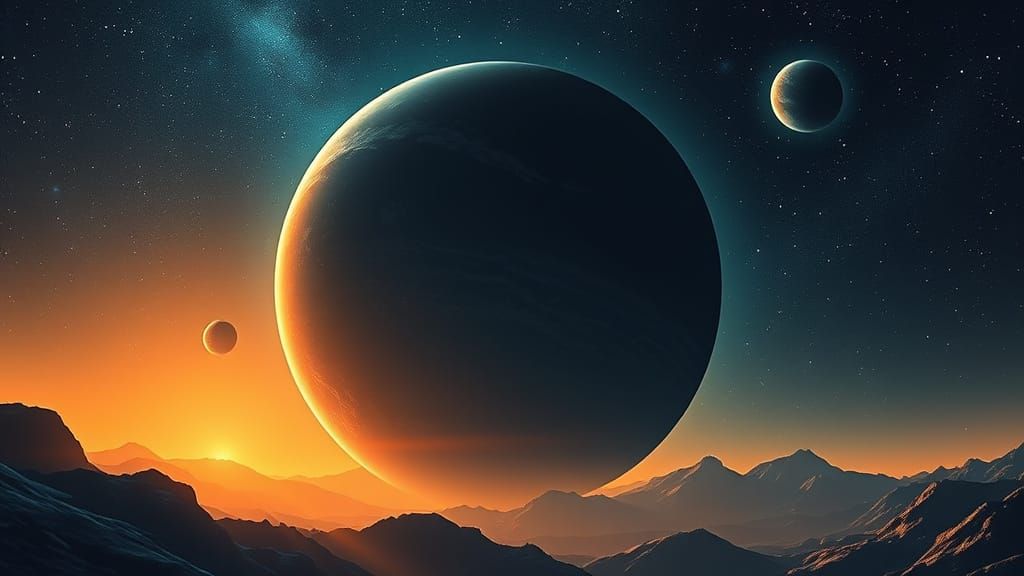 Twin Moons Over Alien Planet in Space Art Style