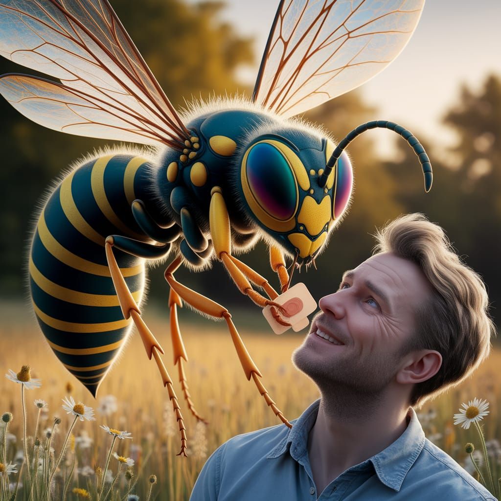 Colossal Wasp Gently Applies Band-Aid, Digital Art