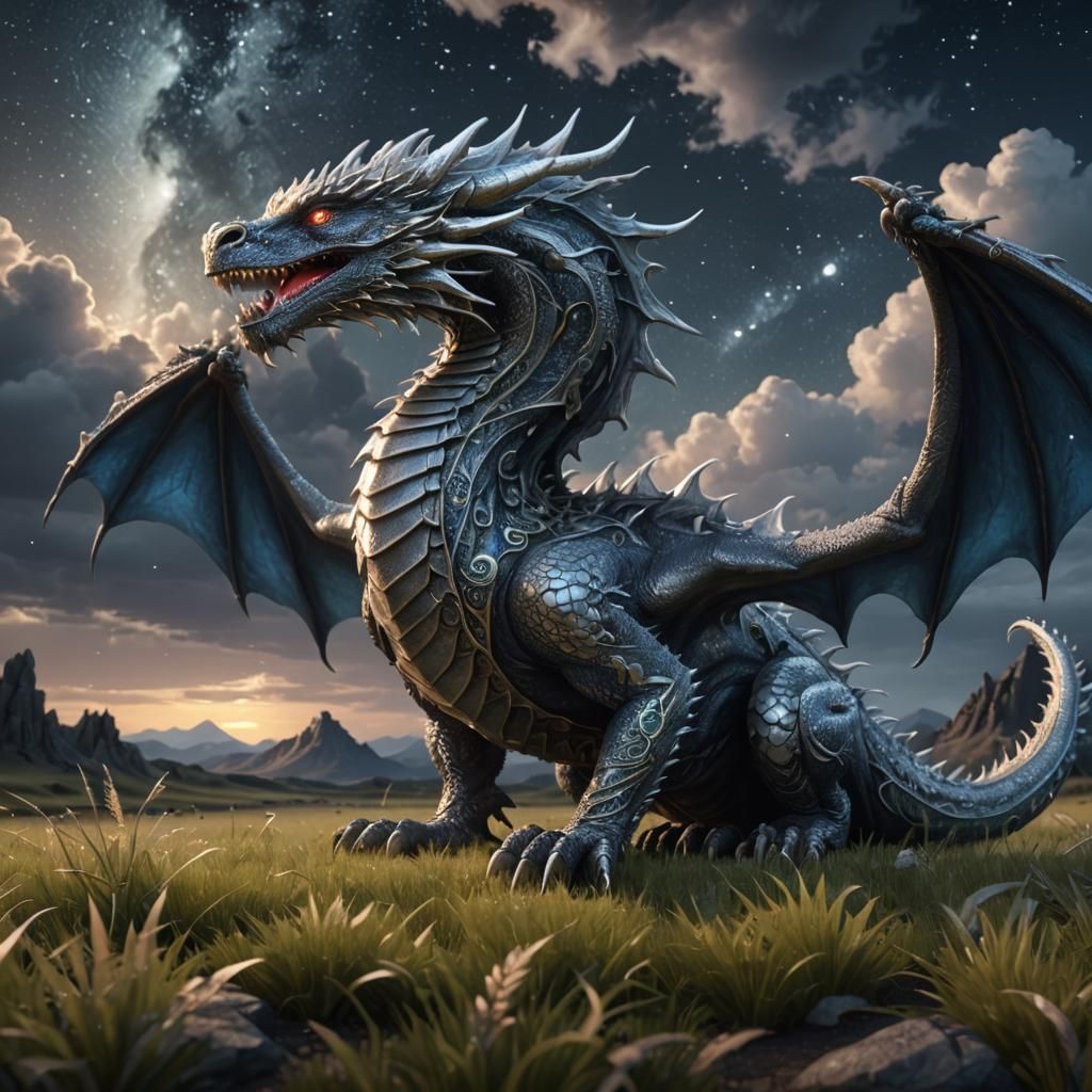 Majestic Silver Dragon in Open Field: Fantasy Art