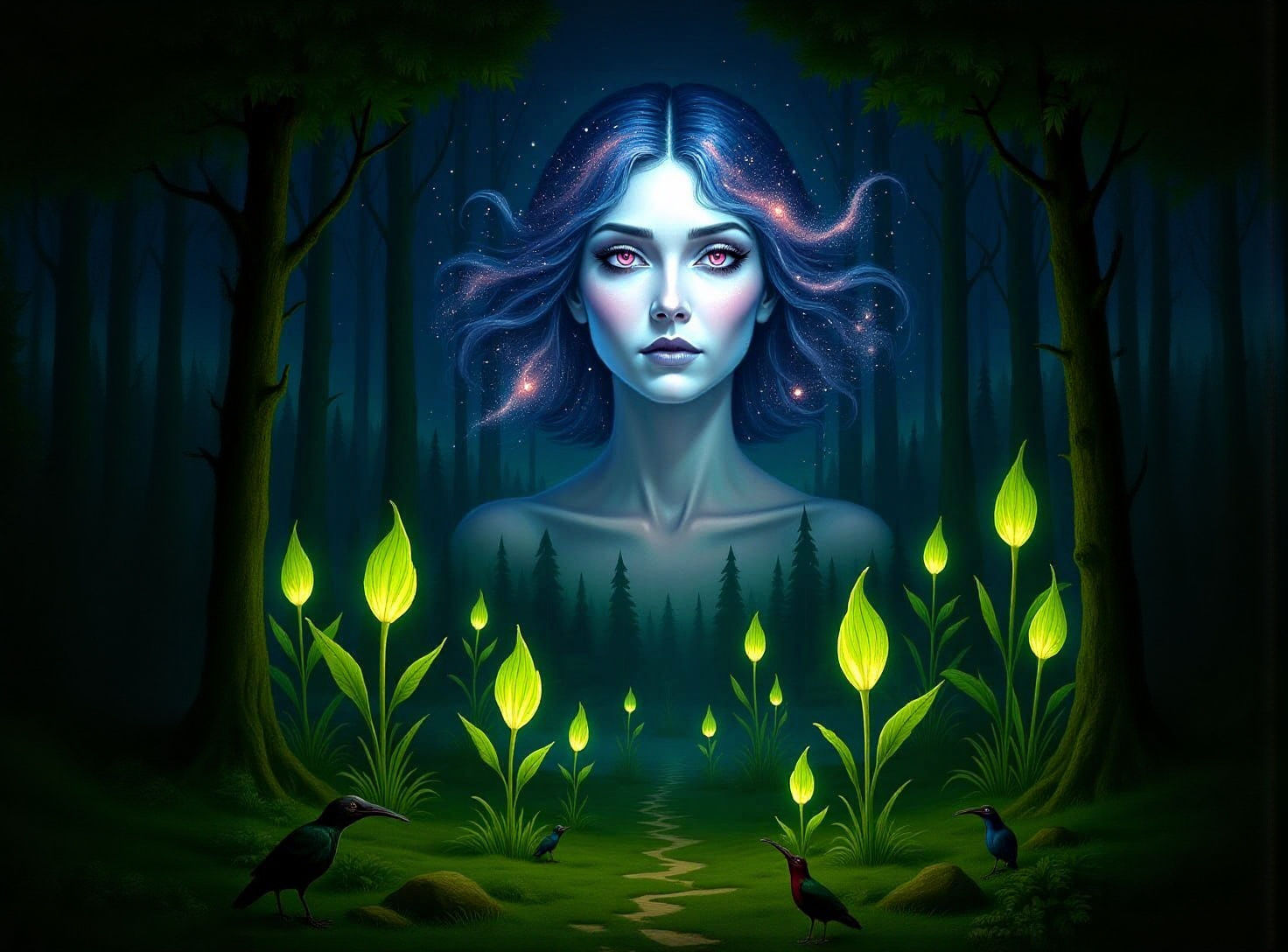 Ghostly Starlight Woman in Glowing Forest