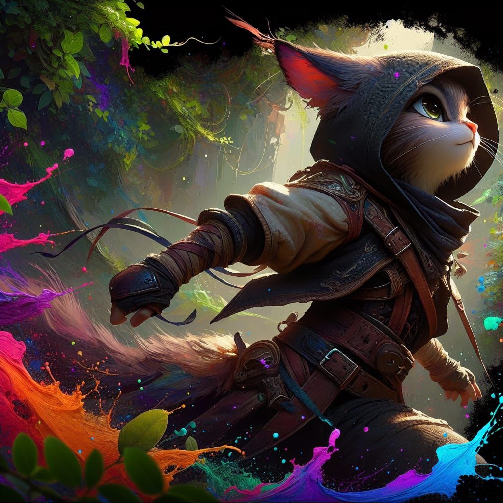 Surreal Whimsical She-Cat Hybrid in Lush Fantasy Forest