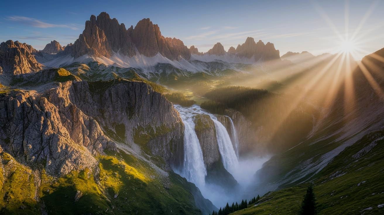 Majestic Sunrise Over Rocky Mountains with Waterfall