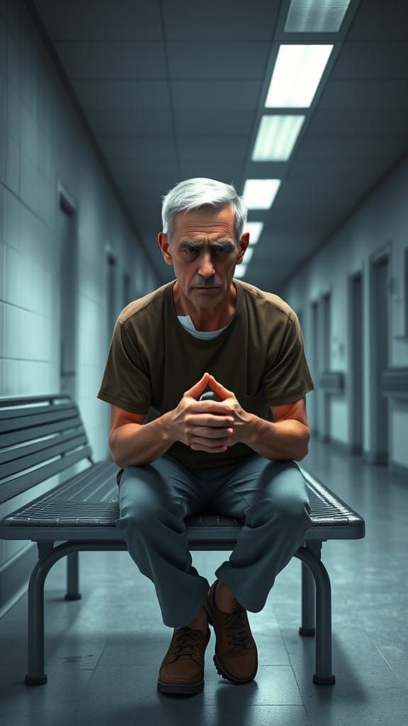 Man Waits Anxiously in Hospital Corridor, Disney Pixar Style