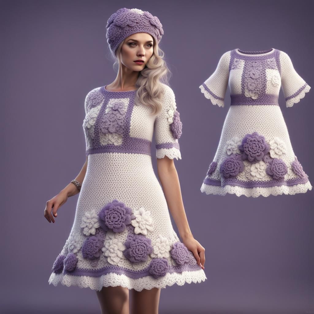 Elegant Knit and Crochet Dress in Soft Lilac