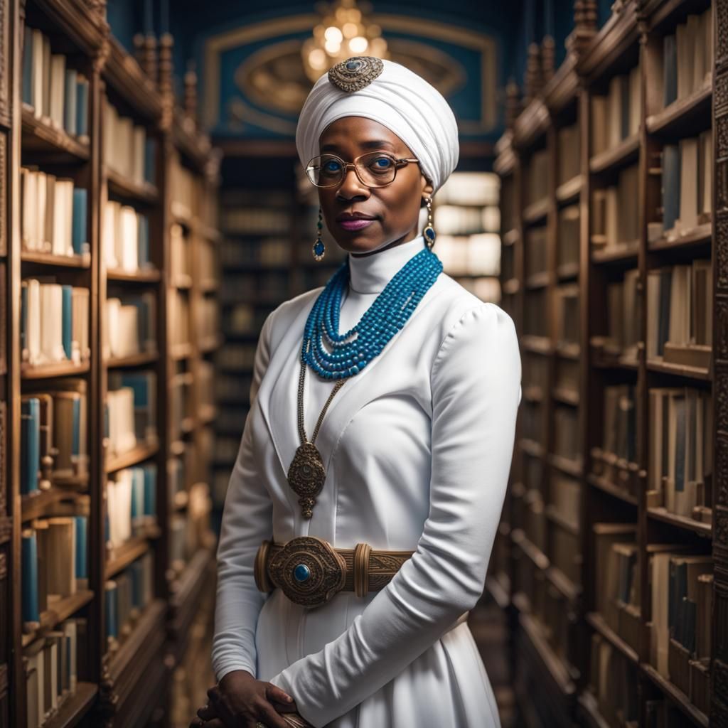 Librarian in White Turban Among Ancient Books