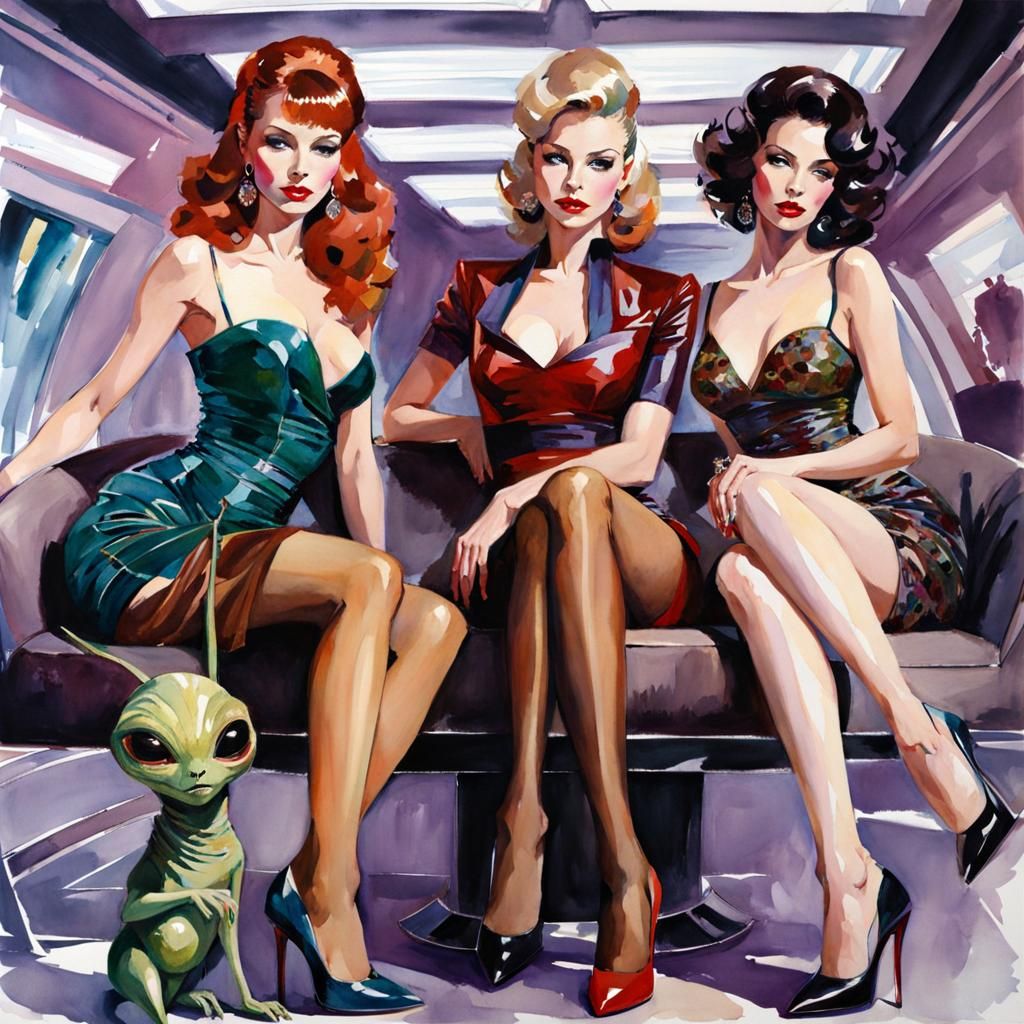 Futuristic Lounge Scene with Ladies, a Watercolor Painting