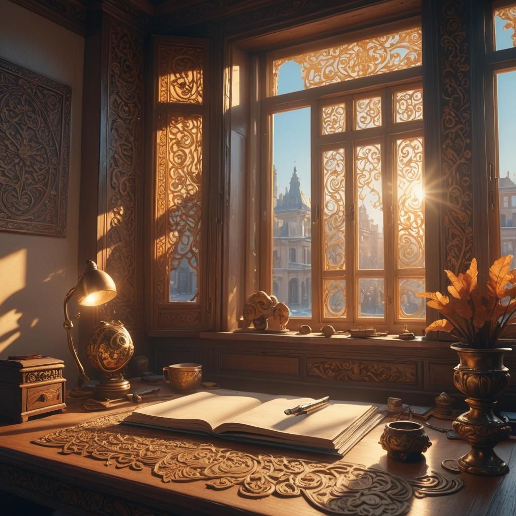 Ornate Desk with Sunlight in Hyperrealistic Style