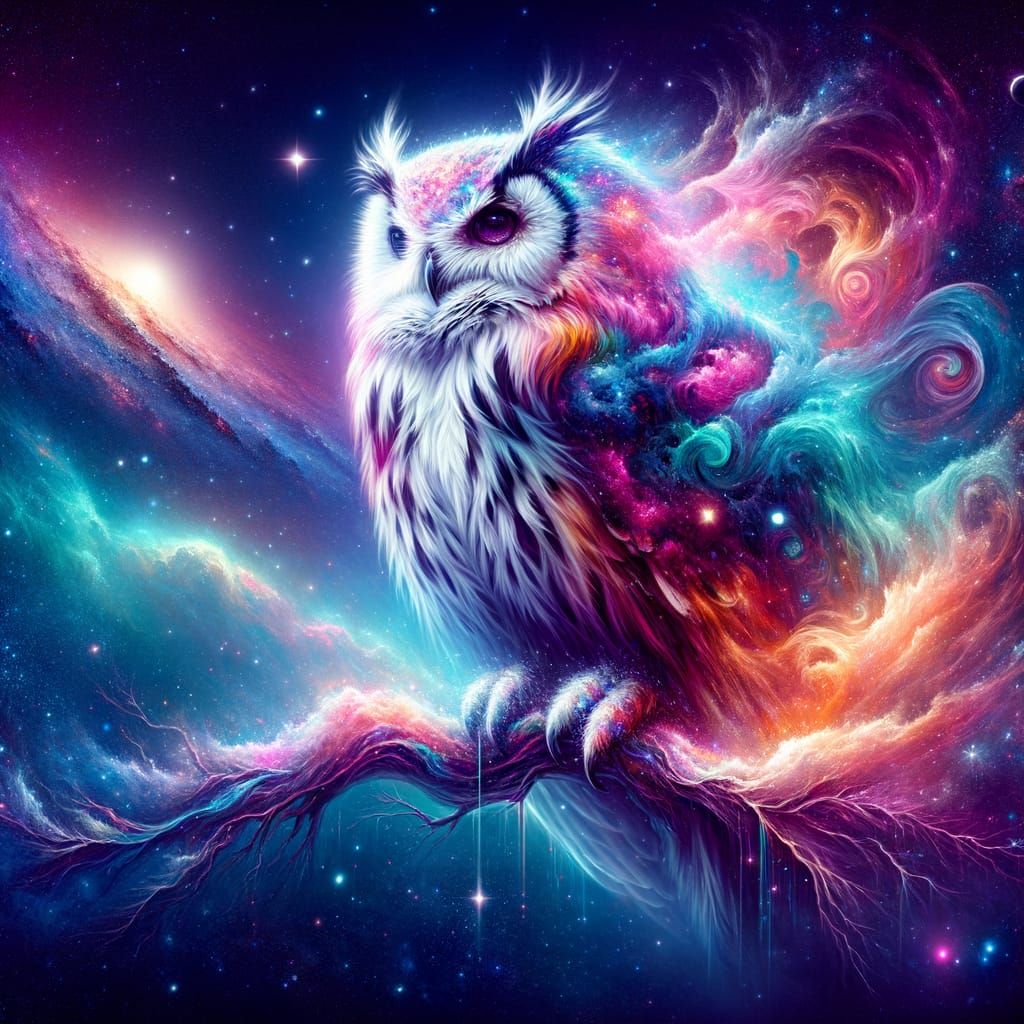 Cosmic Owl Amidst Aurora and Nebulae Sky
