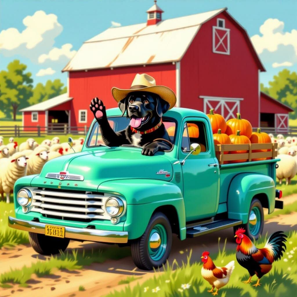 Labrador Drives Vintage Truck in Rockwell Style