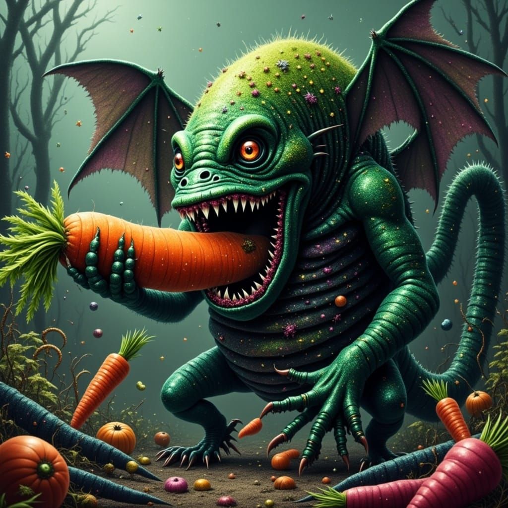 Cthulhu Devours a Gigantic Orange Carrot in a Gory Feast