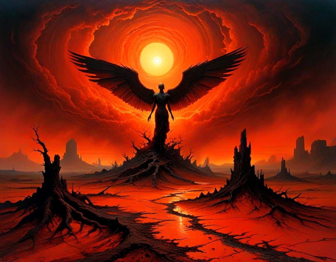 Surreal Red Desert with Winged Figure