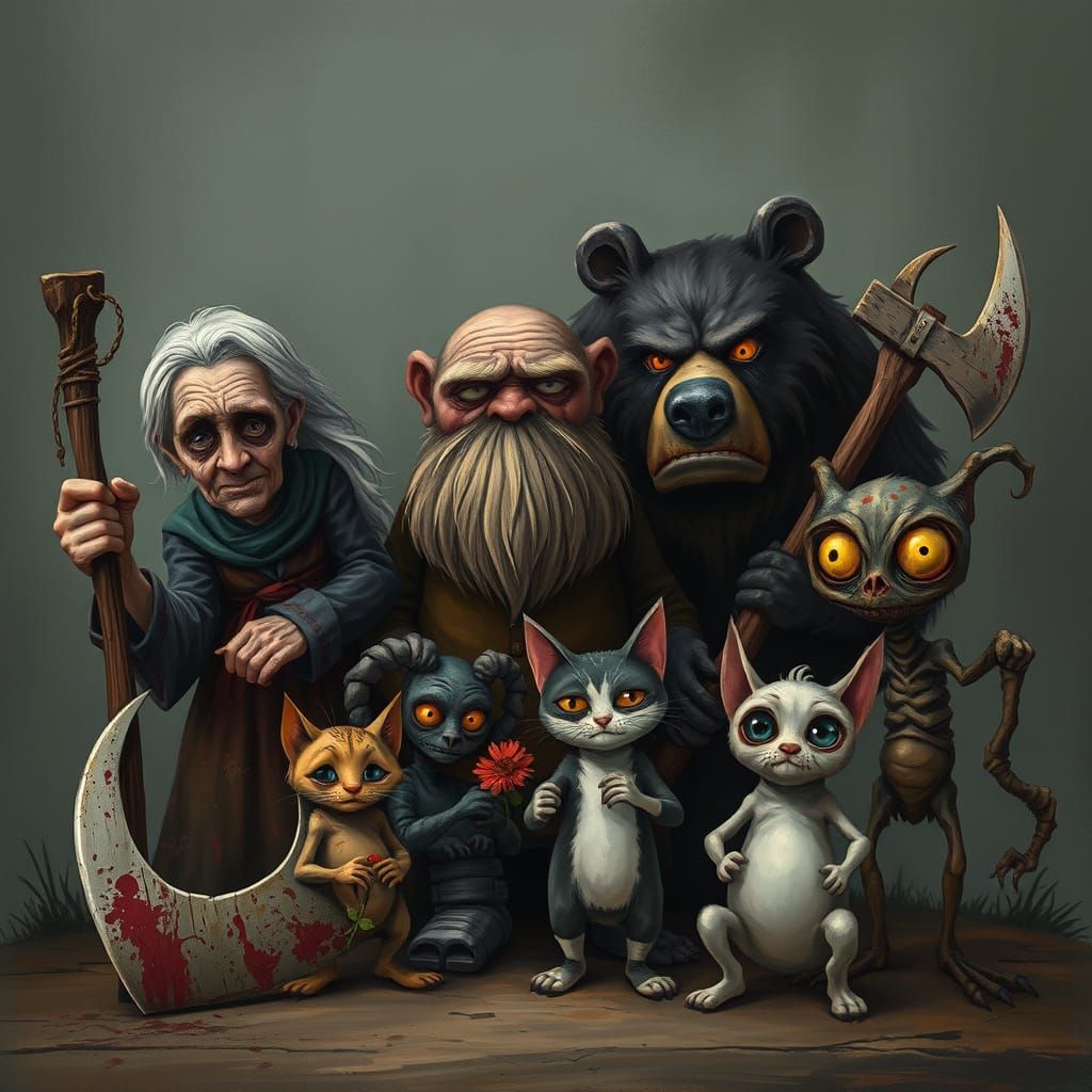 Whimsical Folk Art Characters in a Dark, Eerie Landscape
