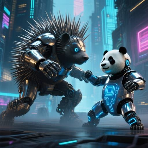Robot Porcupine Attack in Cyberpunk Cityscape