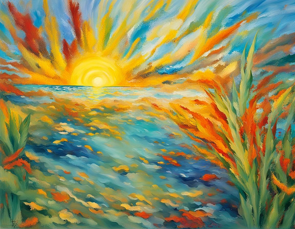 Impressionist Woman on Beach with Birds and Flowers