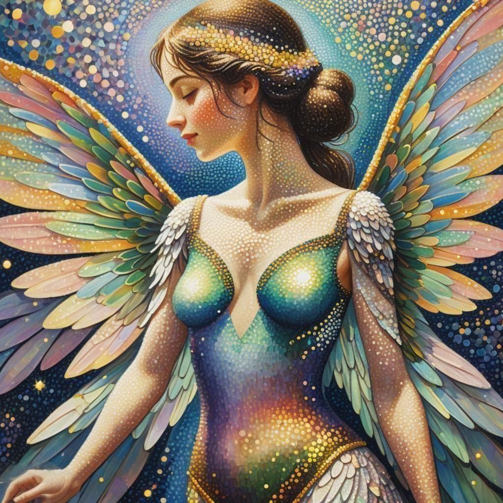 Woman with Iridescent Wings in Pointillism Style