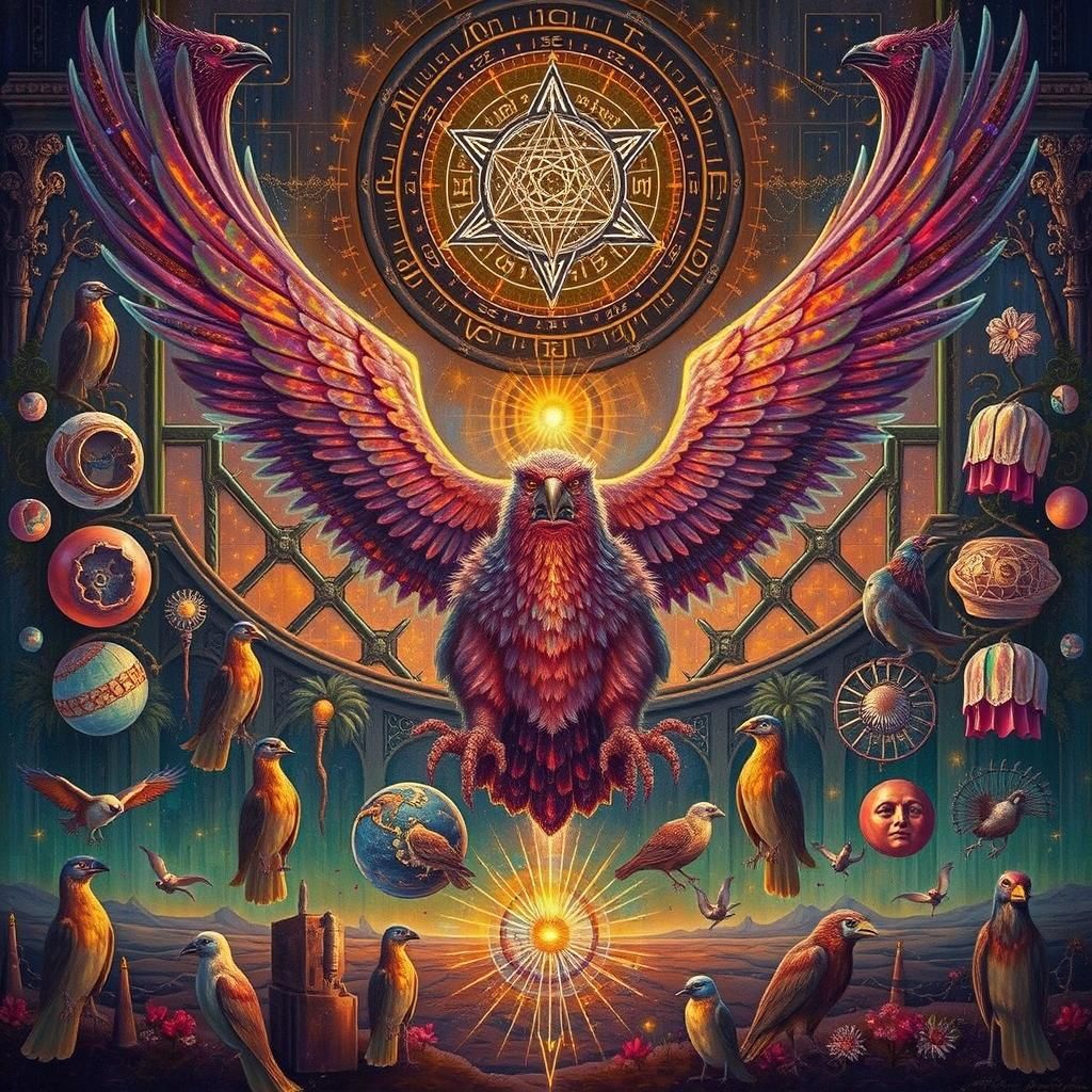 Ammolite Gargoyle Relief in Garden of Surreal Birds