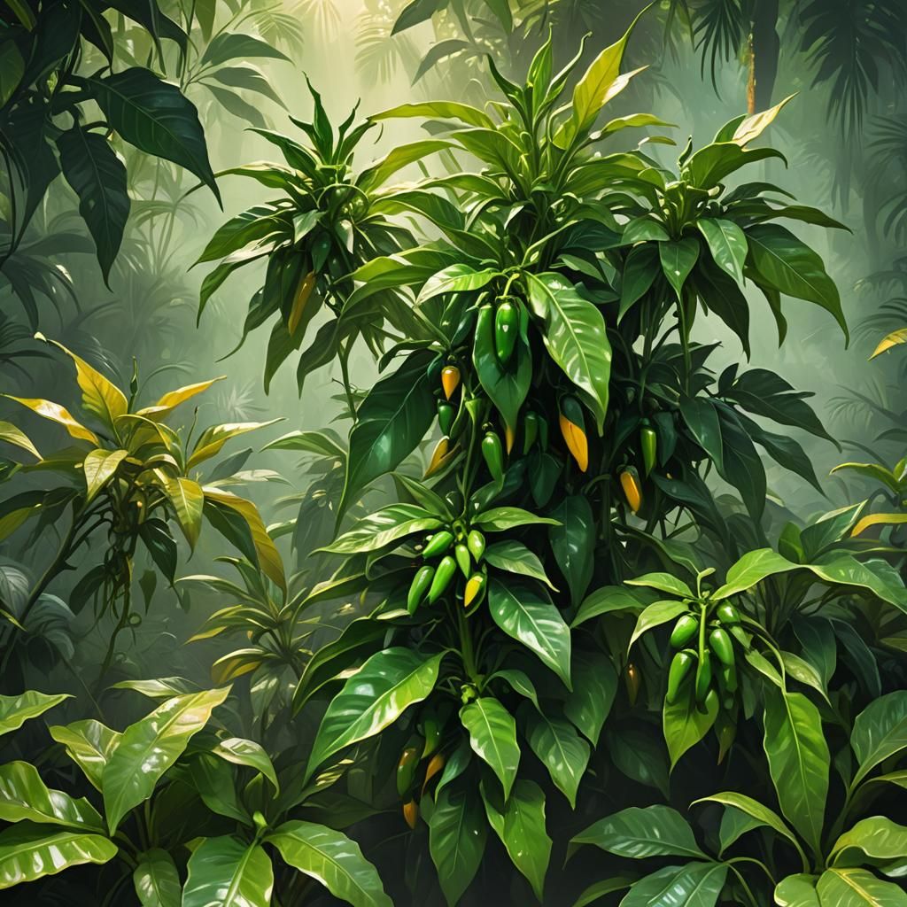 Jalapeños Bouncing on Jungle Leaves: Digital Painting