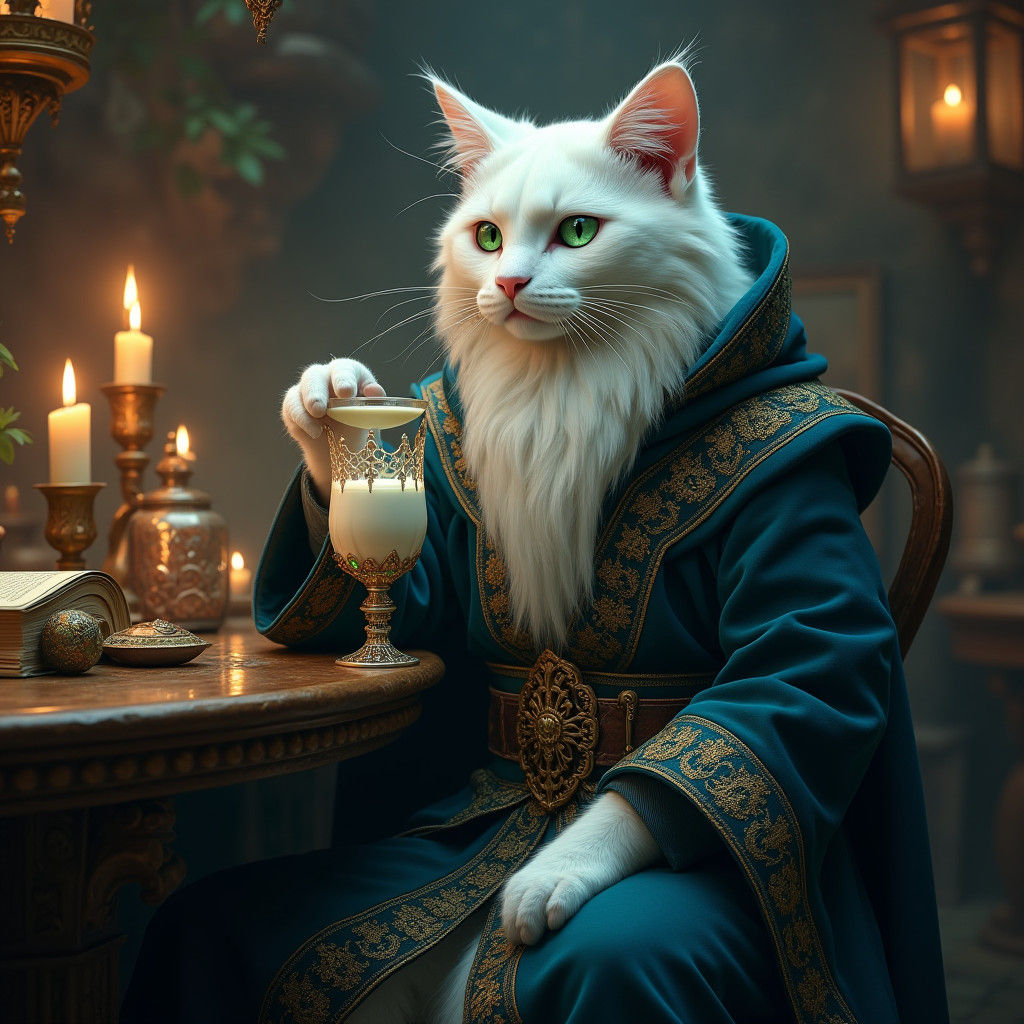Cat Wizard Savoring Magical Elixir in Dim Tavern