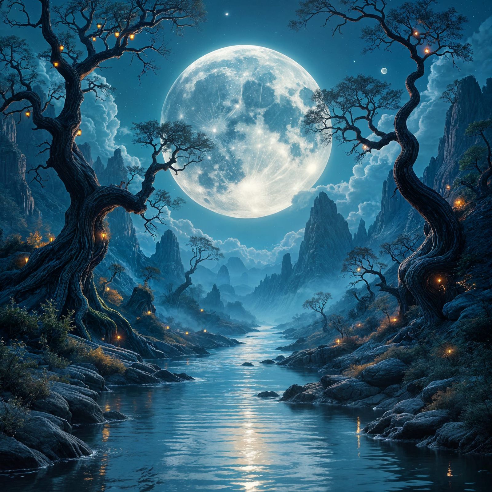 mesmerizing full moon reflected on a flowing river in a biza...