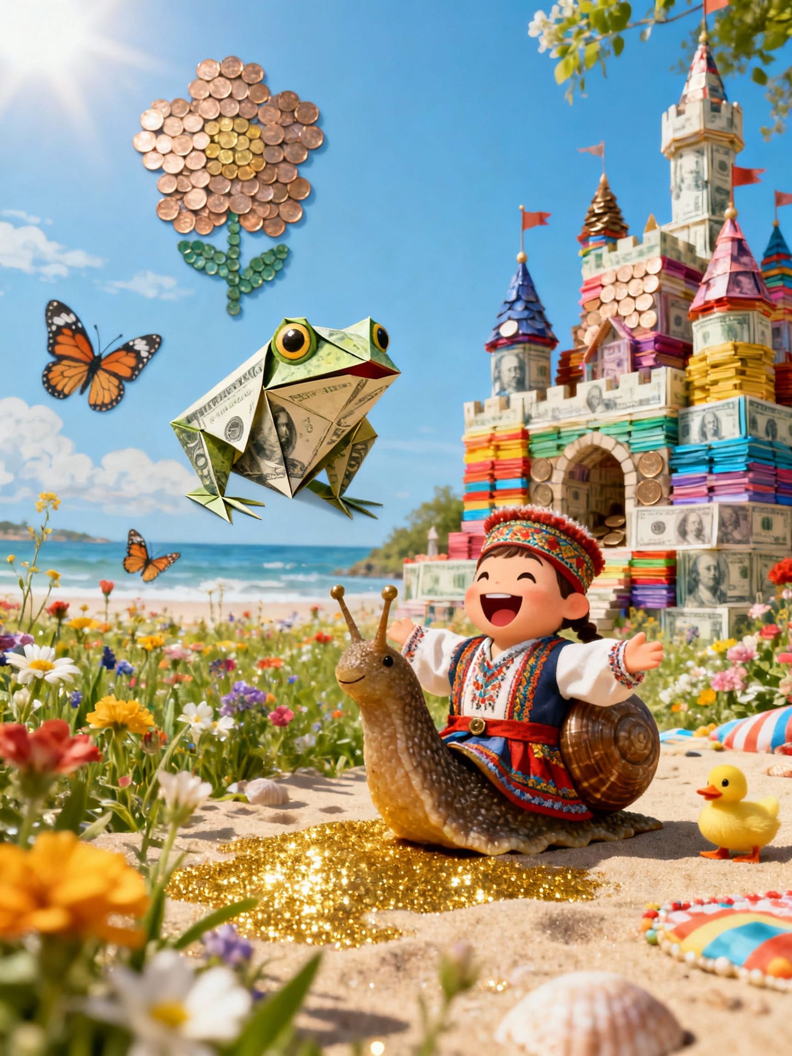 Money Art: Origami Frog in Sunny Meadow