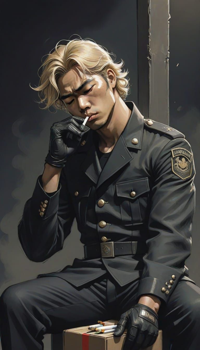 Asian Man in Military Uniform: Sketchy Comic Art