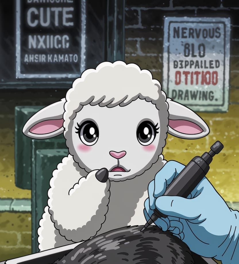 Nervous Lamb at Tattoo Parlor: Charcoal Drawing
