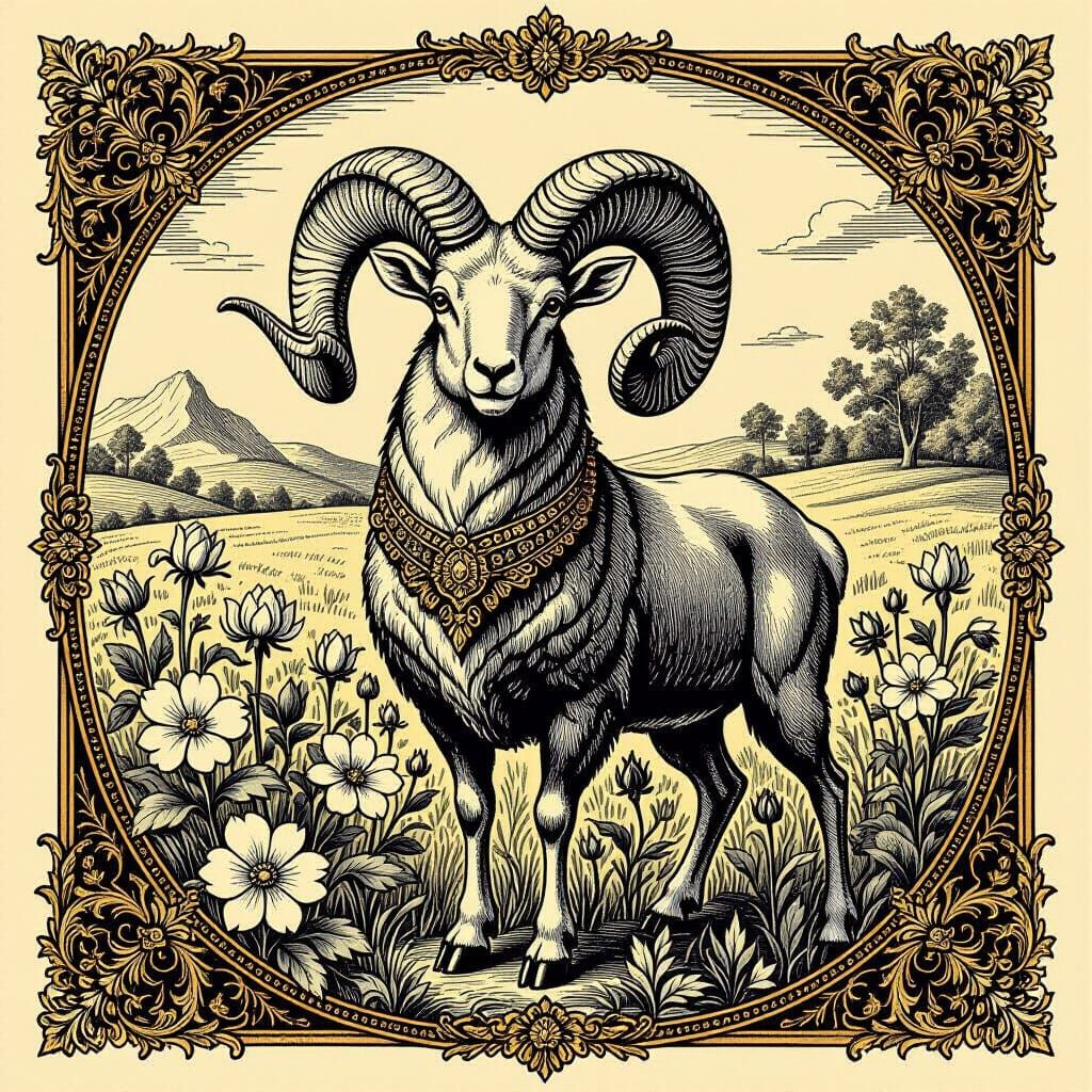 Majestic Ram in Mythological Flora, Engraving Style