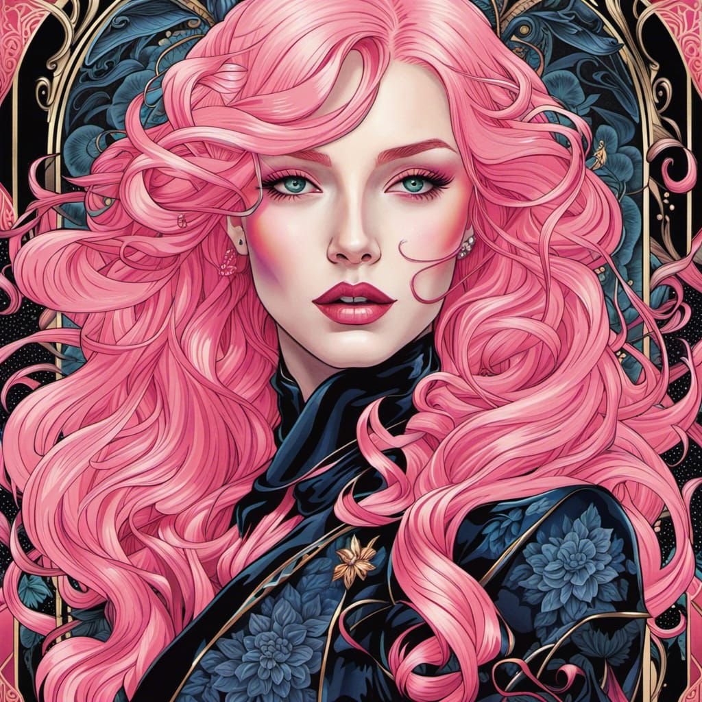 Beautiful Android Woman with Pink Hair in Tarot Card Style