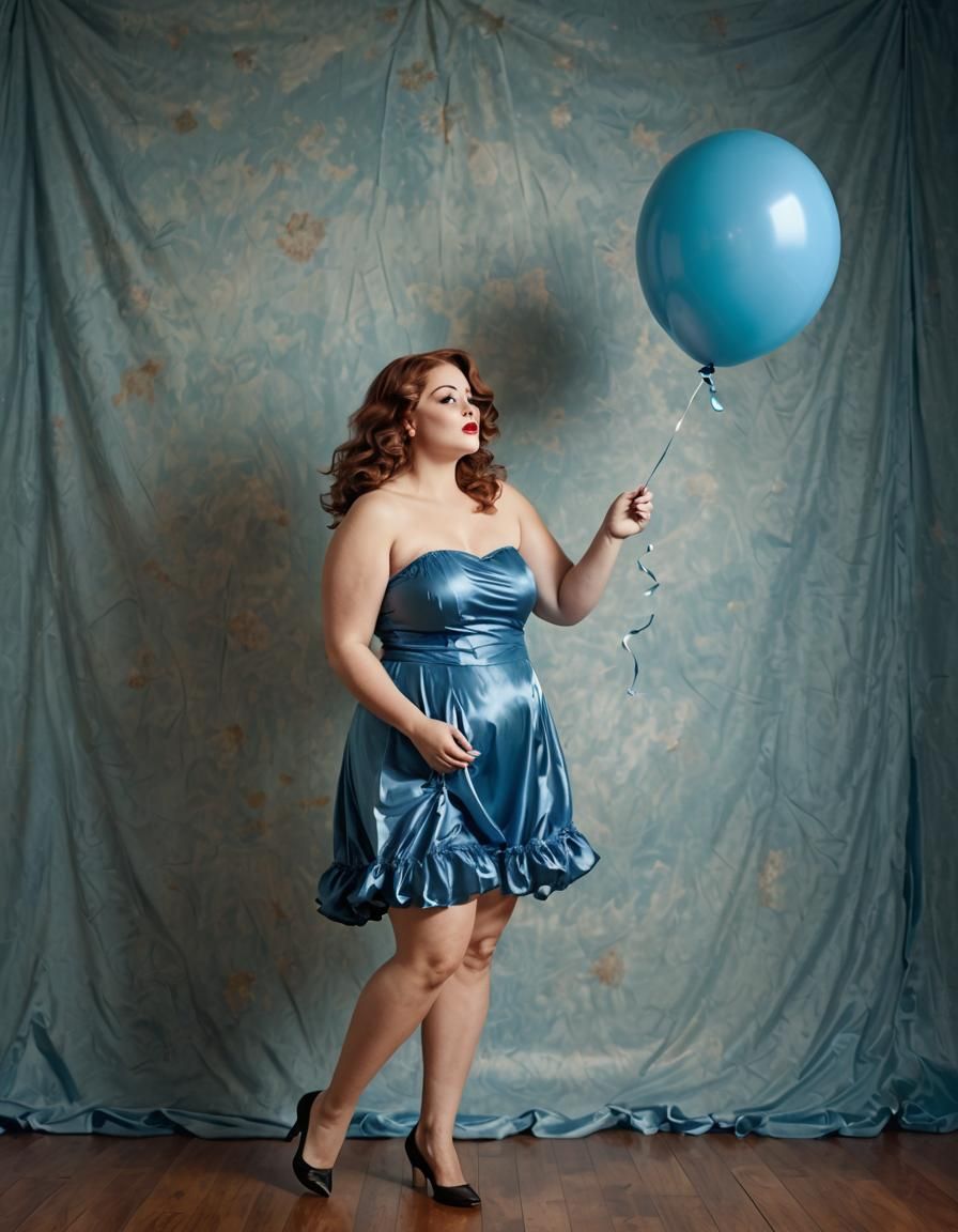 Elegant Woman with Blue Balloon in Surrealist Oil Painting