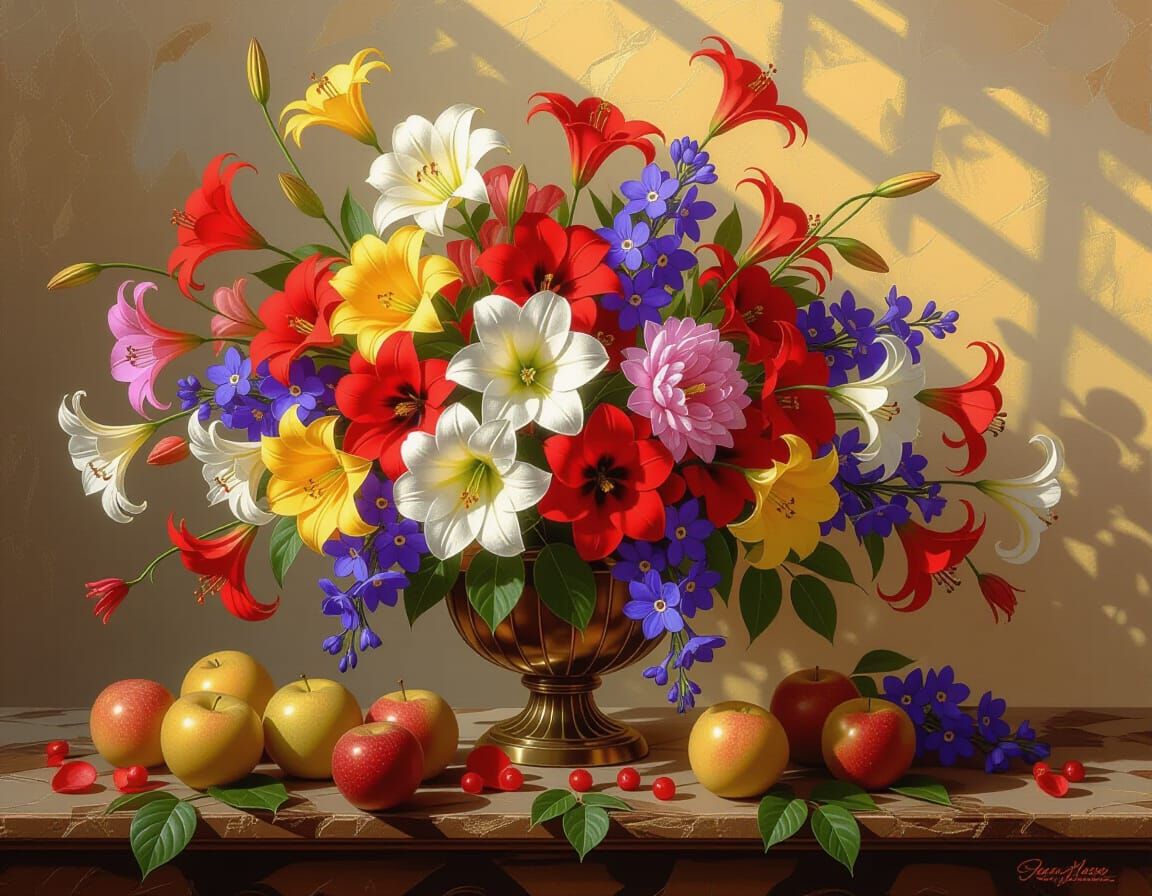 Vibrant Still Life with Flowers and Fruit in Art Nouveau Sty...